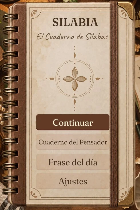 Pantalla de inicio de Cuaderno de Sílabas, con forma de cuaderno de espiral
